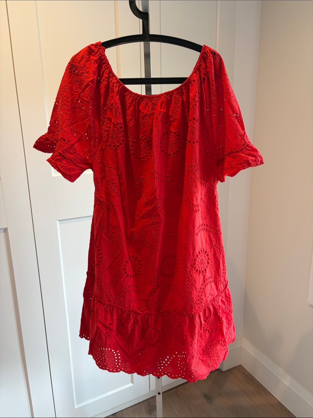 Bright Red Eyelet Dress with Puff Sleeves - Picture 7 of 8